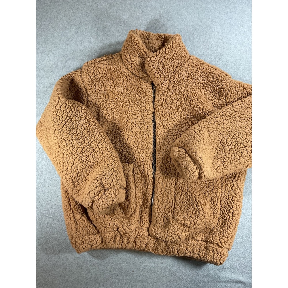 Honeybum Womens Teddy Bear Fleece Jacket Camel Brown Sherpa Full Zip Large j97